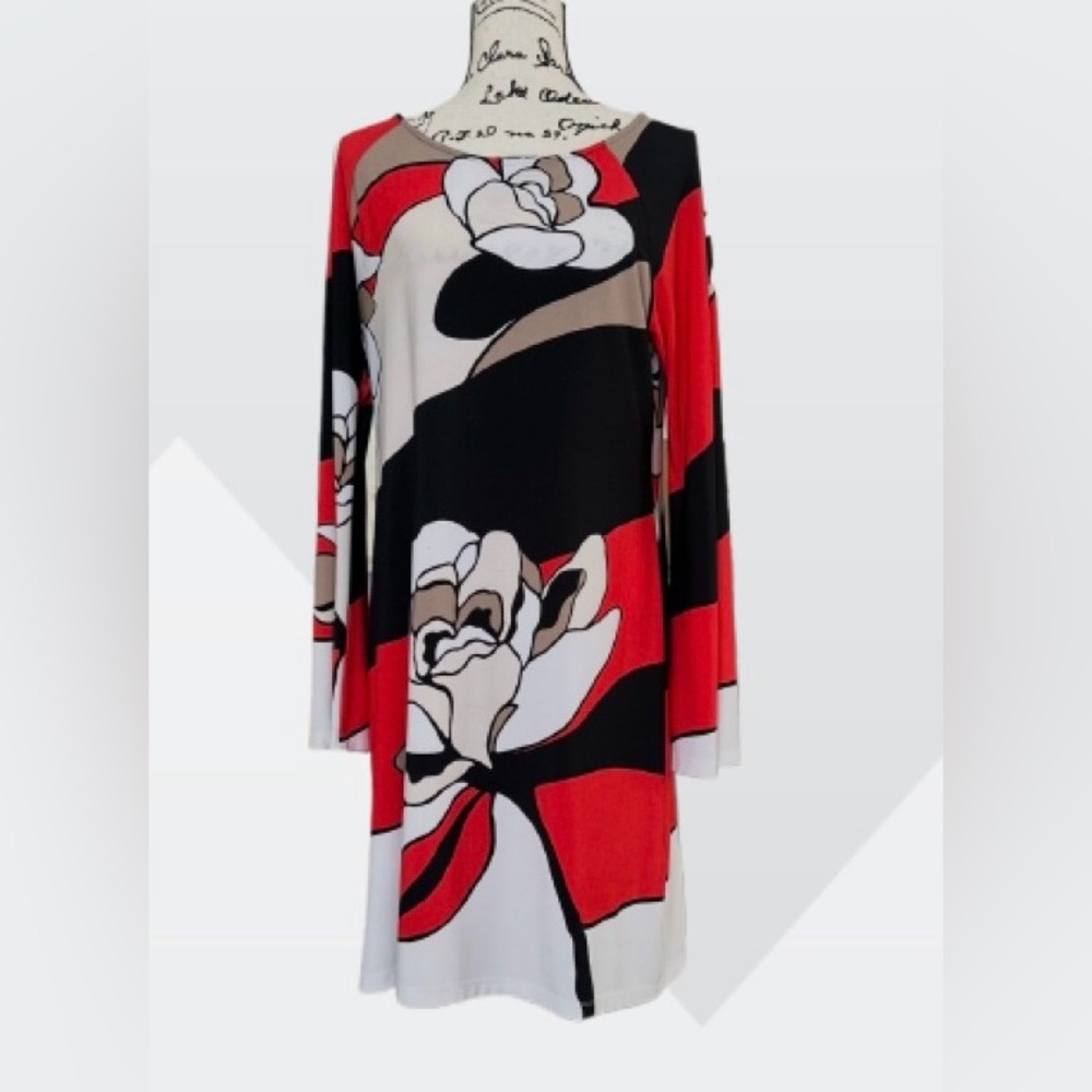 MSK. Red and white dress with wide sleeves.